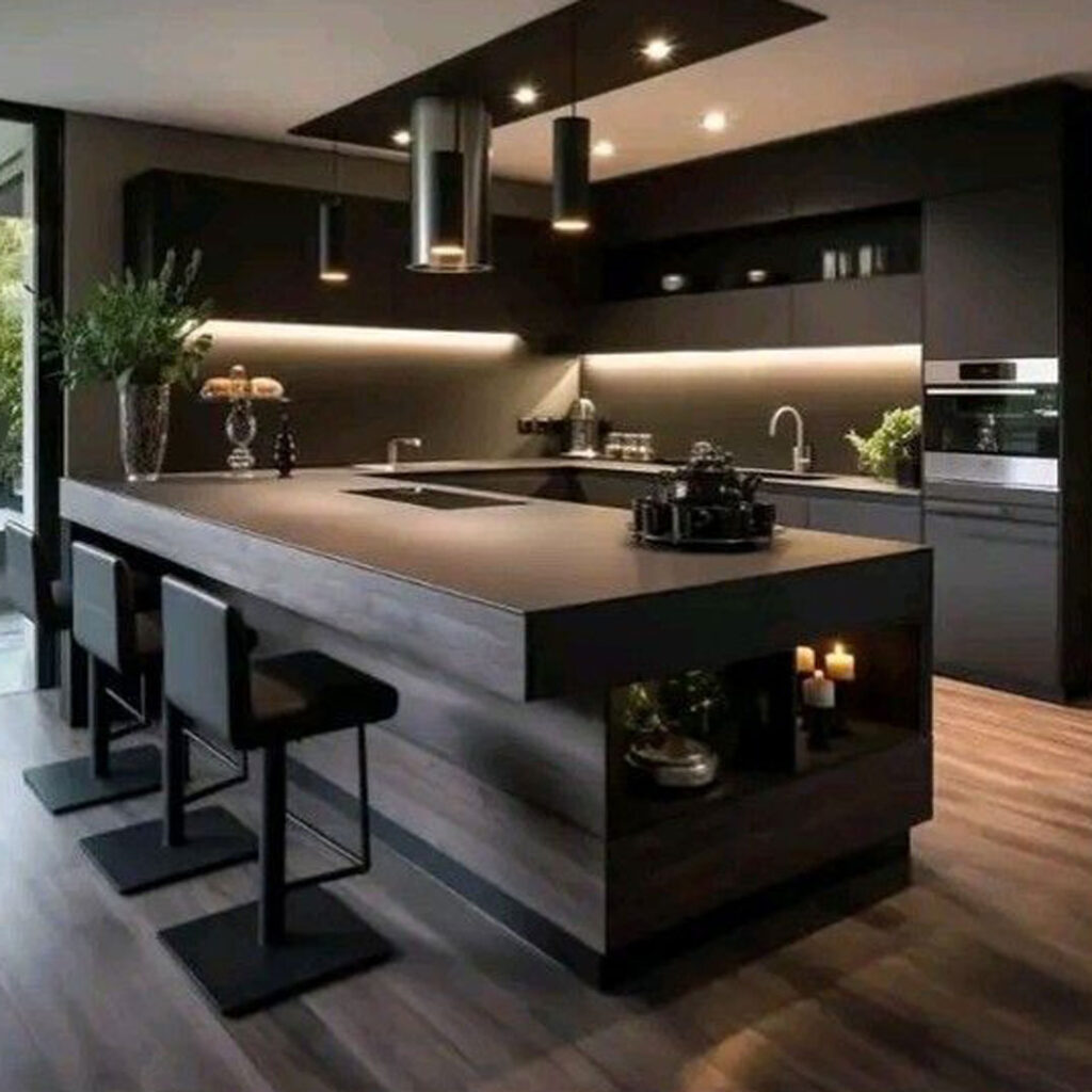 طرحی از یک کابینت آشپزخانه تاریک لوکس