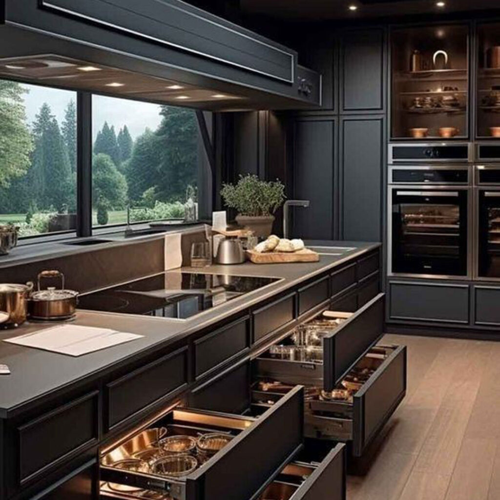 طراحی یک کابینت آشپزخانه سیاه تیره