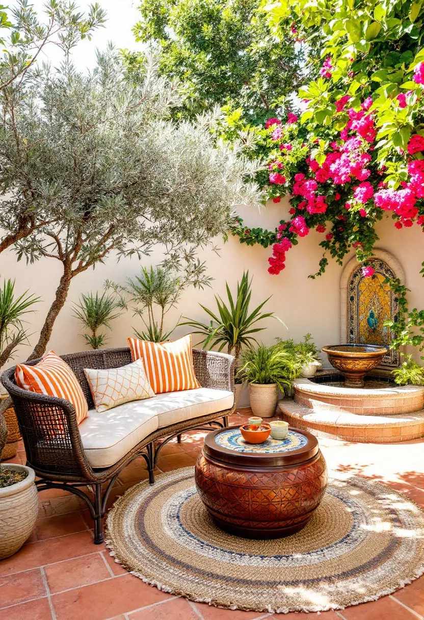 فضای نشیمن باغ اسپانیایی الهام گرفته از ماربلا با مبلمان فرفورژه، سنگفرش های سفالی، درخت زیتون، گل کاغذی، فواره موزاییکی و فرش رنگ خاکی