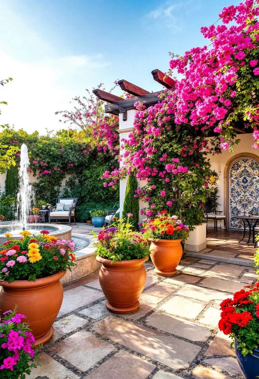 باغ اسپانیایی ماربلا با باغچه های گل رنگارنگ، گلدان های سفالی، حاشیه های سنگی، مبلمان آهن فرفورژه، فواره و آلاچیق پوشیده از گل کاغذی در نور مدیترانه ای