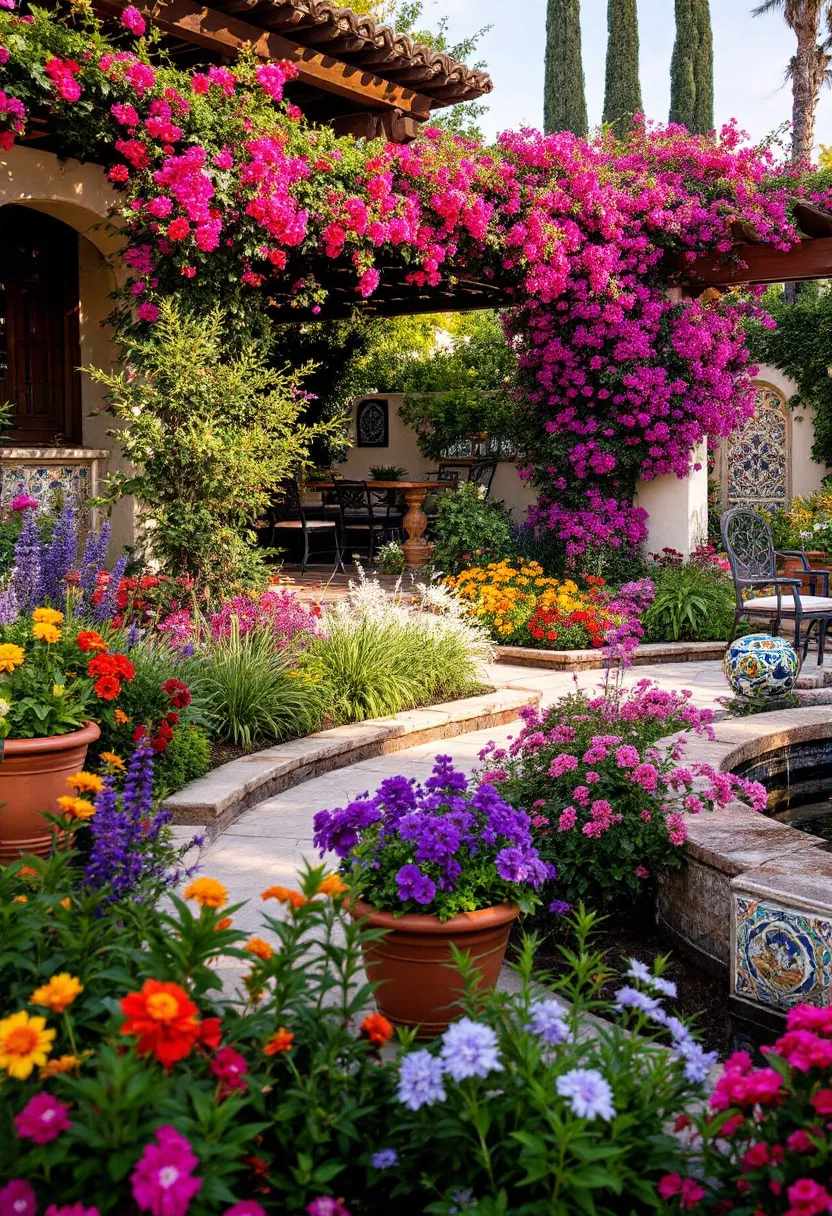 باغ اسپانیایی مدیترانه ای با باغچه های گل پر جنب و جوش در گلدان های سفالی، حاشیه های سنگی، مبلمان آهن فرفورژه، فواره جاری و آلاچیق گل کاغذی در نور طلایی خورشید