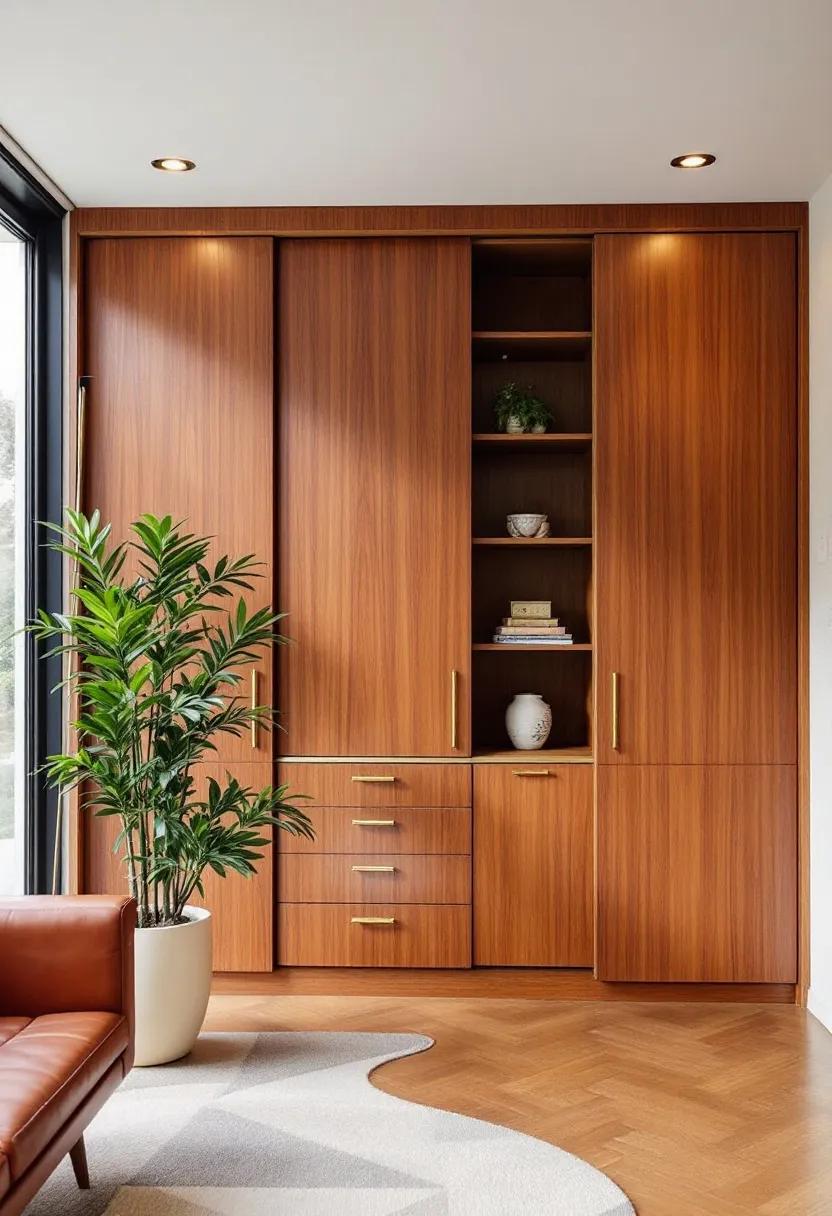 فضای داخلی به روز با کمد دیواری، کابینت‌های گردویی، چراغ کمانی و فرش هندسی