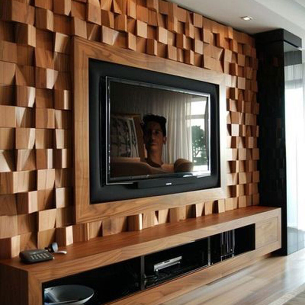 طراحی یک دیوار تلویزیونی هندسی چوبی