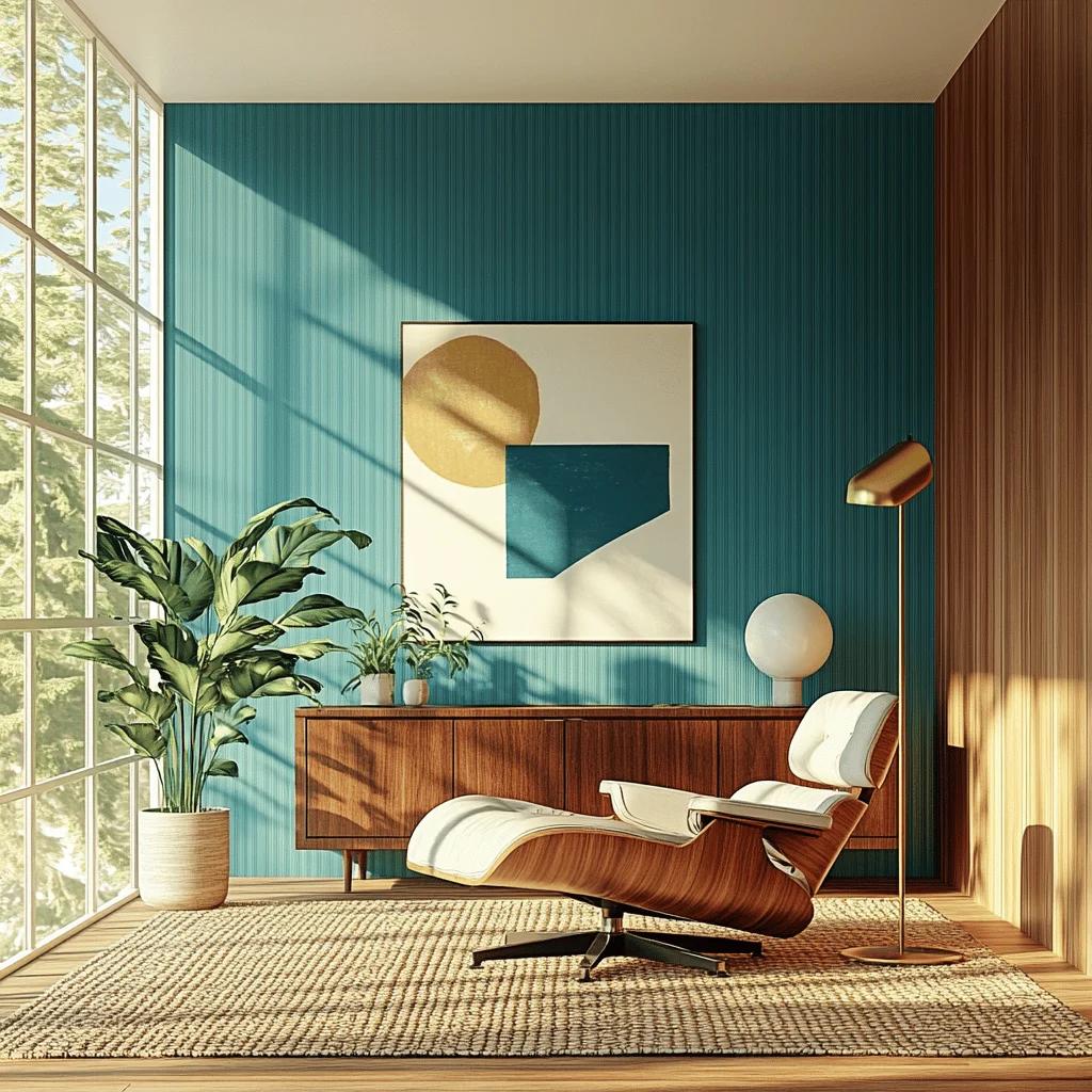 دکوراسیون اتاق نشیمن به روز با پانل های گردو ، دیوار آبی فیروزه ای ، صندلی Eames و لامپ برنجی